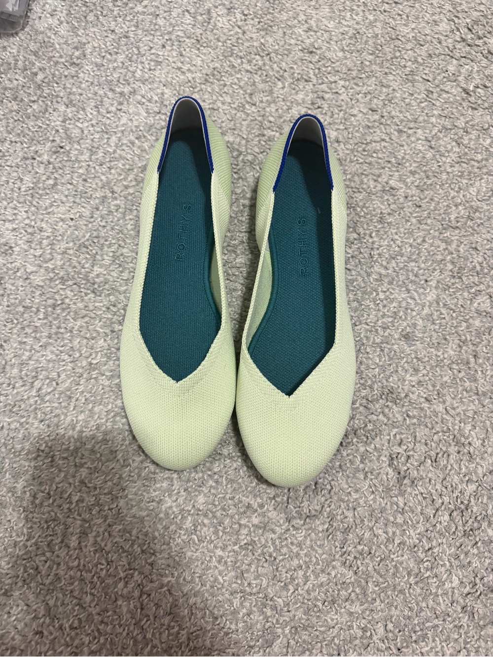 Rothy's Light Sage Knit V-Neck Flats with Teal Insole